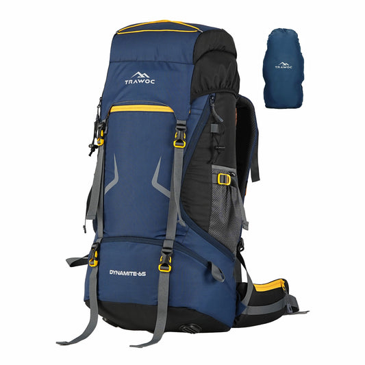 Thumbnail image of the DYNAMITE-65 Rucksack in navy blue, featuring a rugged and functional design with multiple compartments and adjustable straps, displayed against a neutral background to highlight its durable construction and practical features for outdoor adventures and travel.