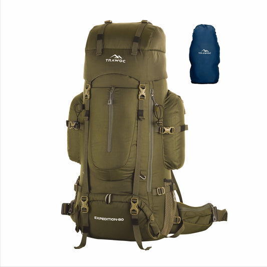 Thumbnail image of the EXPEDITION-80 Rucksack in olive green, featuring a rugged design with multiple compartments and adjustable straps, displayed against a neutral background.