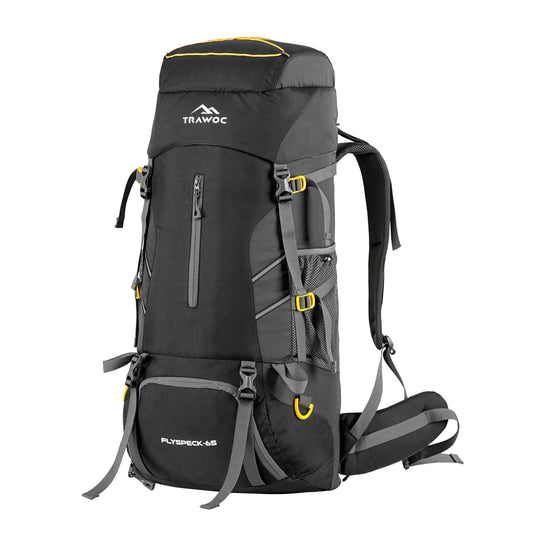 Person showcasing the FLYSPECK-65 Rucksack in black, featuring a sleek design and durable material. The rucksack is displayed in an outdoor environment, emphasizing its ample storage space and functional pockets, ideal for outdoor activities and everyday use.