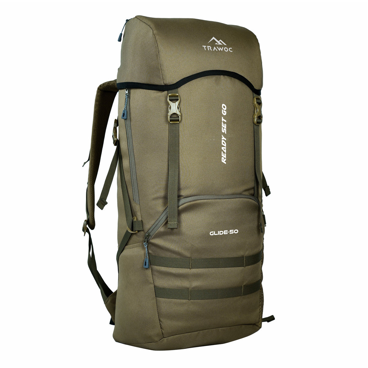 Thumbnail image of the GLIDE-50 Backpack in olive green, featuring a modern design with multiple compartments and adjustable straps, set against a clean, neutral background.