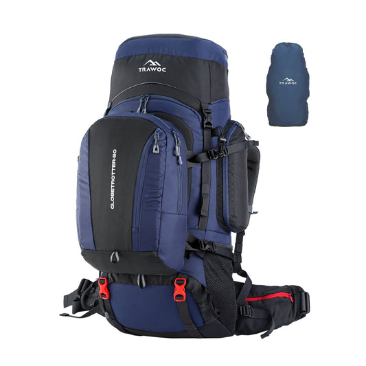 Thumbnail image of the GLOBETROTTER-80 Rucksack in navy blue, featuring a spacious design with multiple compartments, adjustable straps, and a durable exterior, set against a clean, neutral background.