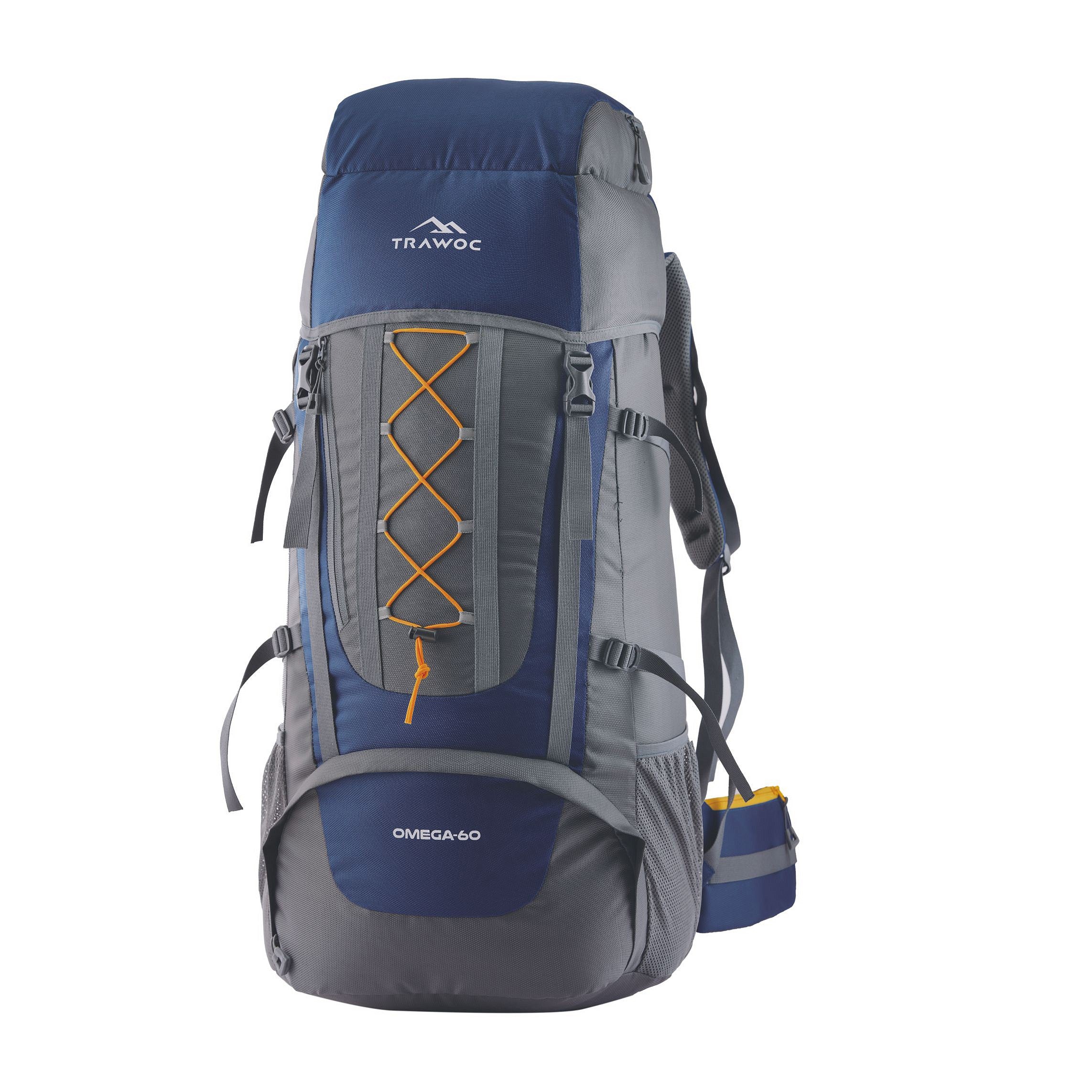 Thumbnail image of the OMEGA-60 Rucksack in navy blue, showcasing its sleek design, multiple compartments, and adjustable straps, set against a neutral background.