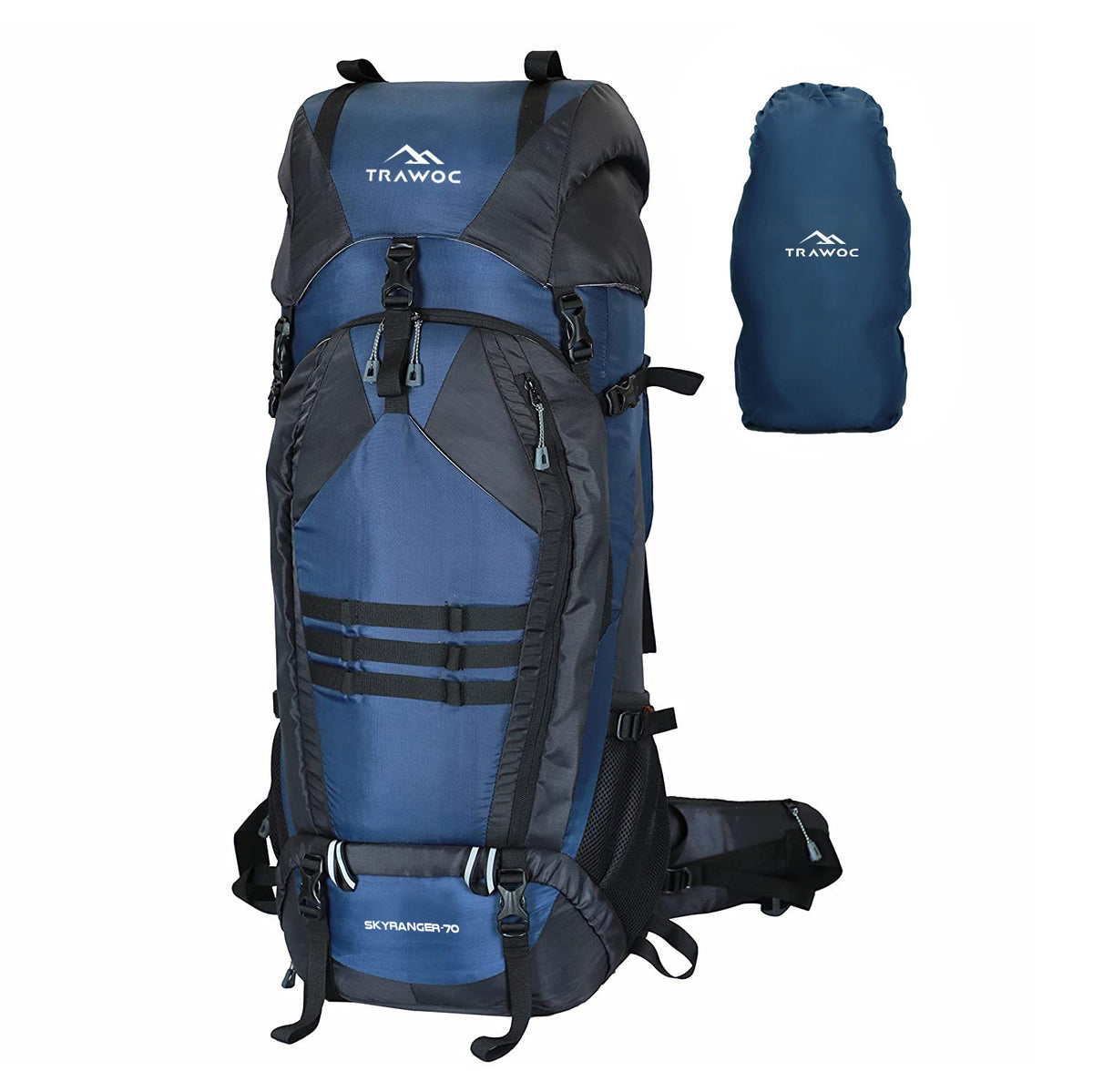 A close-up view of the SKYRANGER-70 rucksack in navy blue, highlighting its sleek design and durable materials. The thumbnail showcases the spacious main compartment with a secure zip closure, along with multiple exterior pockets for organized storage. The adjustable straps and ergonomic features are visible, emphasizing comfort and functionality for outdoor adventures. The deep navy blue color adds a classic and stylish touch, making it an attractive choice for travelers and outdoor enthusiasts.