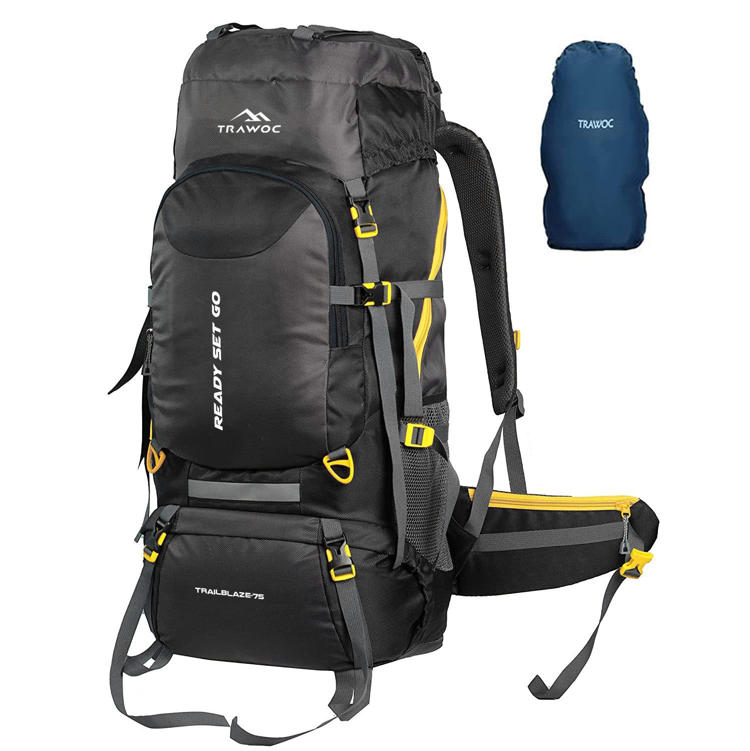 Thumbnail image of the TRAILBLAZE-75 Rucksack in black, featuring a durable design with multiple compartments and adjustable straps, displayed against a simple background.