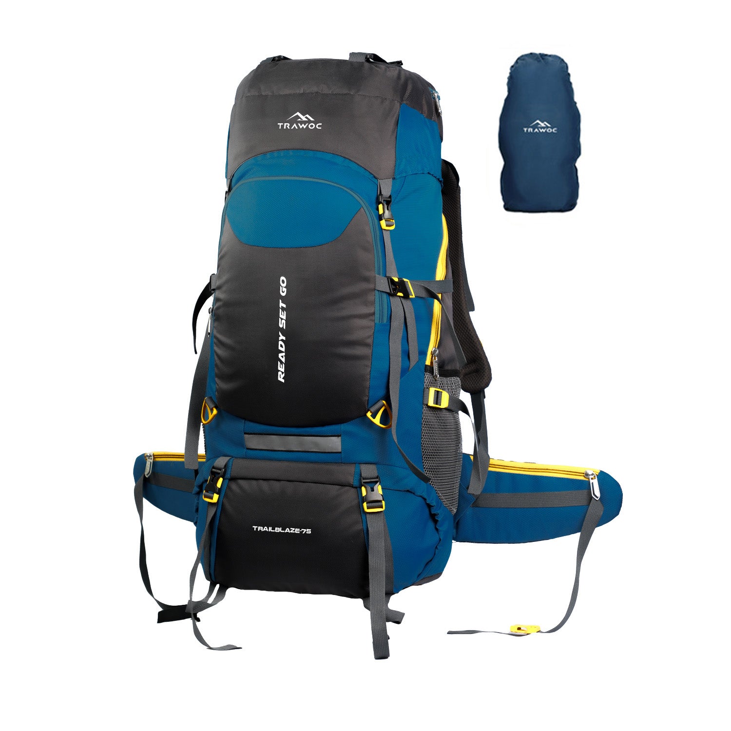 Thumbnail image of the TRAILBLAZE-75 Rucksack in English blue, featuring a robust design with multiple compartments and adjustable straps, displayed against a neutral background.