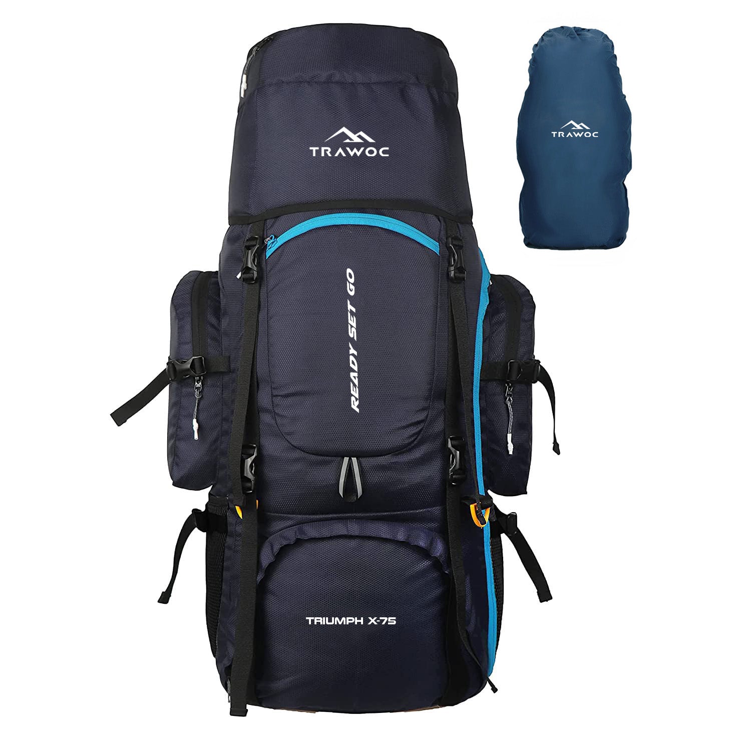 A close-up view of the TRIUMPH X-75 rucksack in navy blue, highlighting its modern and sleek design. The thumbnail showcases the spacious main compartment with a secure zip closure, along with multiple exterior pockets for organized storage of gear and essentials. The adjustable padded shoulder straps and ergonomic back panel are visible, emphasizing comfort and support for outdoor activities. The durable navy blue fabric and reinforced stitching are evident, showcasing the rucksack's rugged construction.