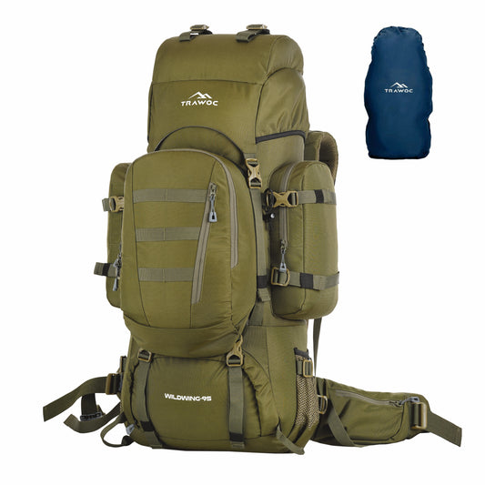 Thumbnail image of the WILDWING-95 Rucksack in olive green, featuring a robust design with multiple compartments and adjustable straps, displayed against a neutral background.