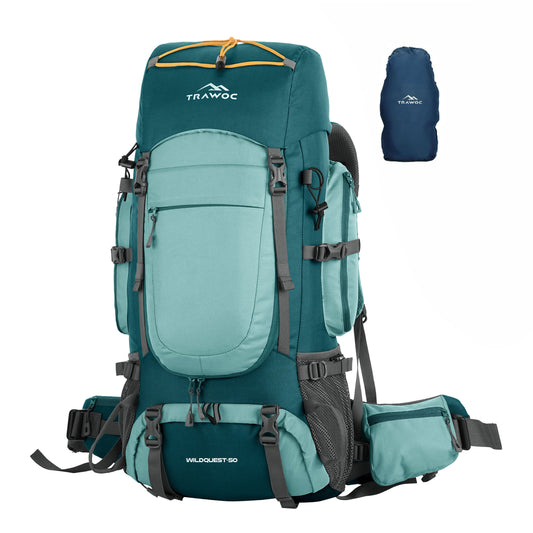 Front view of the WILDQUEST-50 Rucksack in Teal Blue, showcasing its spacious compartments, padded straps, and durable design, perfect for outdoor adventures.