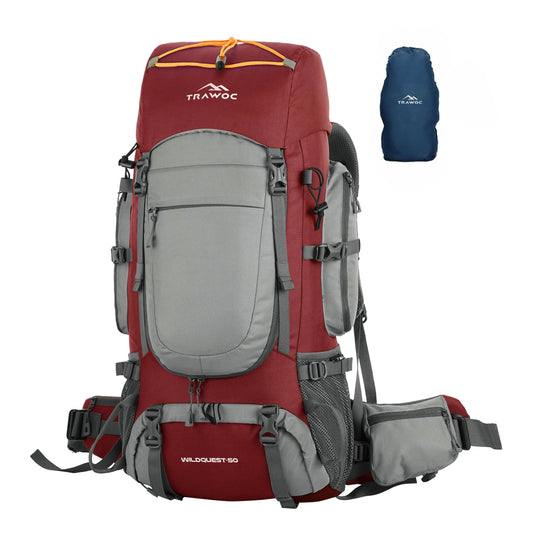 WILDQUEST-50 Rucksack in carmine red with 50L capacity, featuring multiple compartments, adjustable straps, and a compact rain cover.