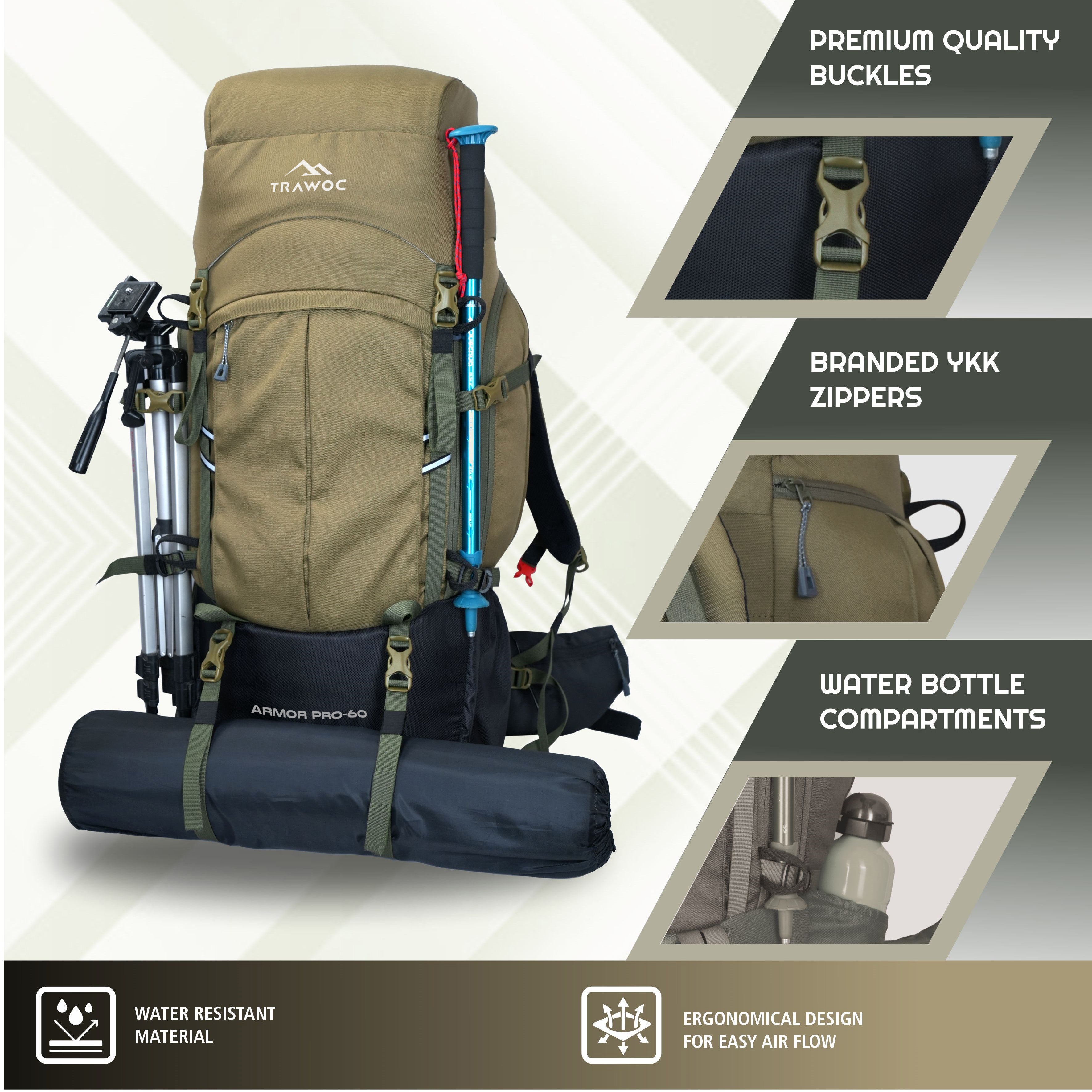 Image demonstrating the water-resistant feature of the ARMOR PRO-60 Rucksack in olive green and black, showcasing the durable, water-repellent fabric that protects contents from moisture, with droplets beading on the surface to illustrate its functionality.