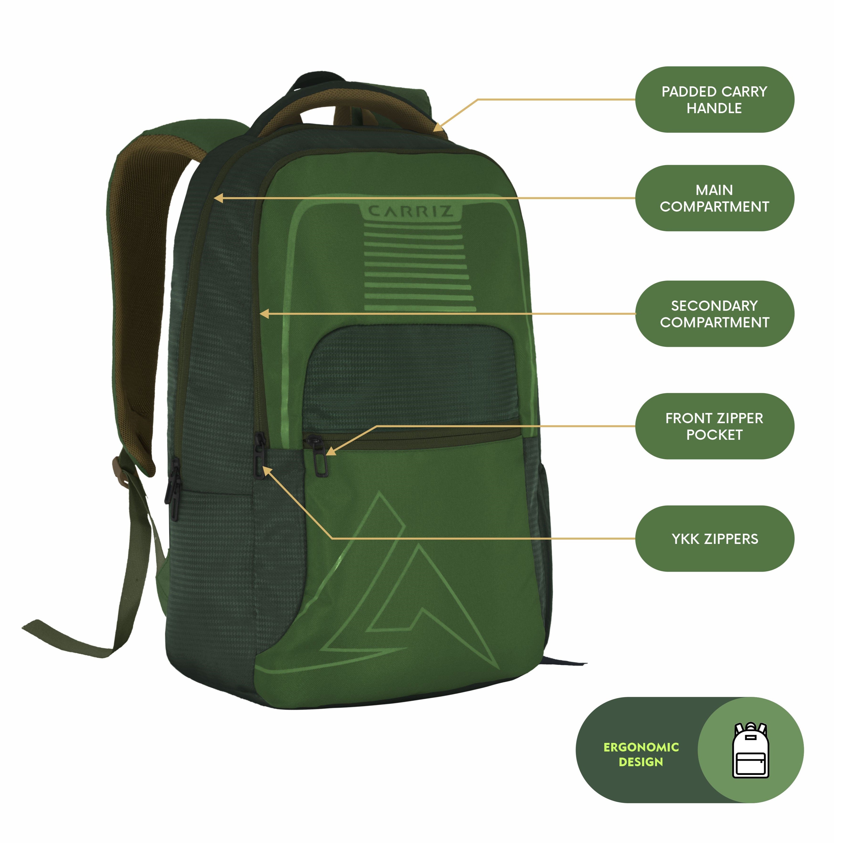 Front side view of the CPB03 25L Laptop Backpack in green, highlighting its functional and stylish design. The backpack features a spacious main compartment with a padded laptop sleeve that securely accommodates most 15-inch laptops. A front zippered pocket is prominently displayed for easy access to smaller items, while the adjustable padded shoulder straps ensure comfort during wear. 